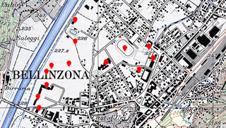 6500 Bellinzona 6, Der Bestand an Bauten des Lernens 2024 auf der Karte der Schweizerischen Landestopographie von 1965., c: swisstopo Zeitreise