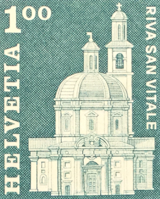 Riva San Vitale  - Angebot für Gruppen, Briefmarke der Serie "Baudenkmäler"; Schweizerische Post, 1968. Kirche Santa Croce.